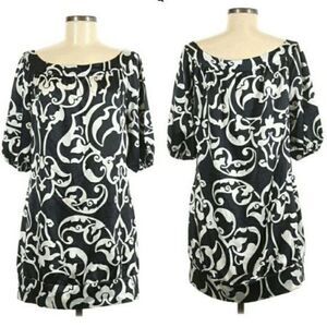 WHBM Retro 70's Silky Scroll Print Boat Neck Elbow Sleeve Dress Black White Sz M